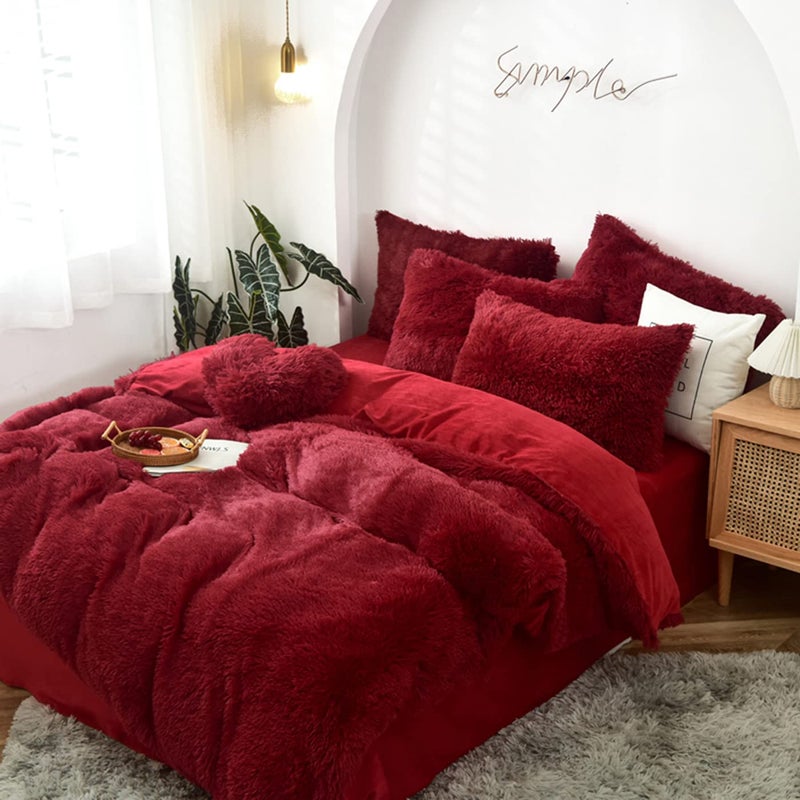MorroMorn 5 PCS Shaggy Duvet Cover Bedding Set - Fluffy Comforter Cover Long Faux Fur Luxury Ultra Soft Cozy (Dark Red, Full/Queen) - Image 4